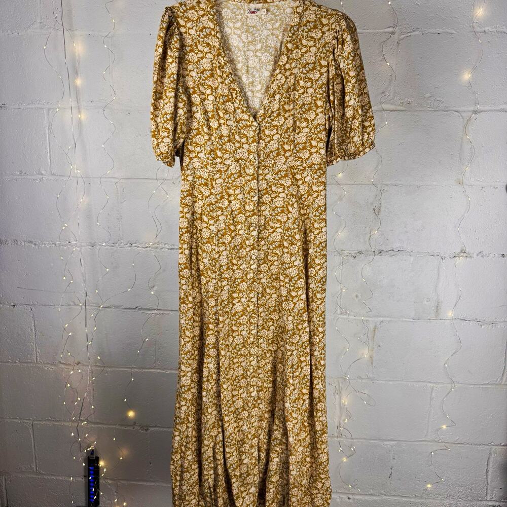 faherty floral linen blend maxi dress size S mustard button front puff sleeve